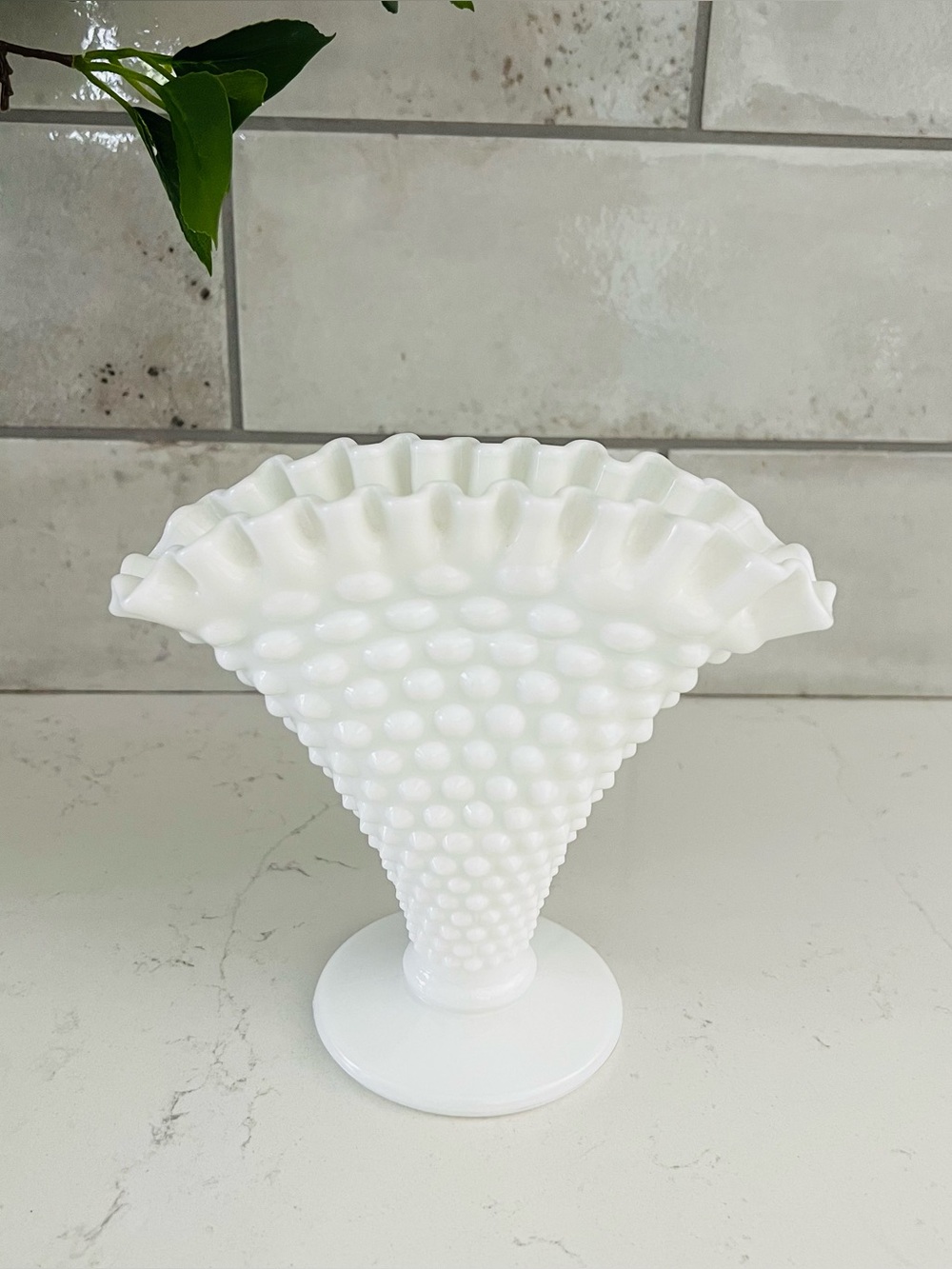 Vintage FENTON White Milk Glass Hobnail Fan Vase